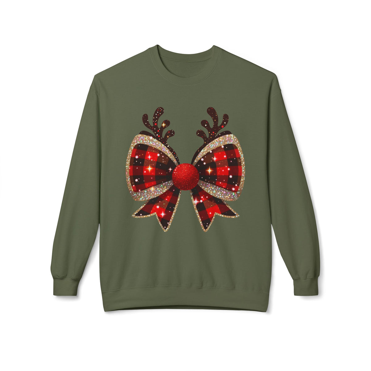 Reindeer Bow Sweatshirt / Military Green / Medium