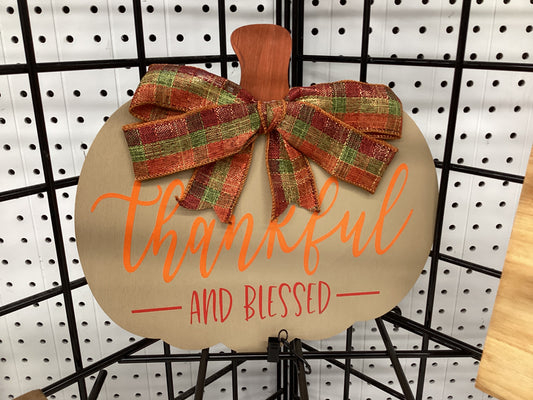 10.5” Pumpkin thankful and blessed sign